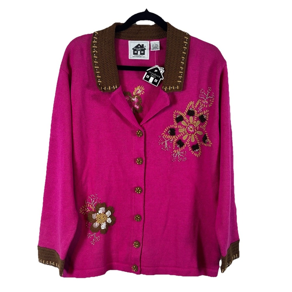 NWT VTG Storybook Knits Pink Floral Beaded Cardigan Sweater Embroidered Cozy "L"